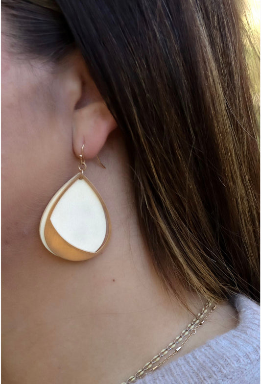 Wooden Ivory and Gold Earring